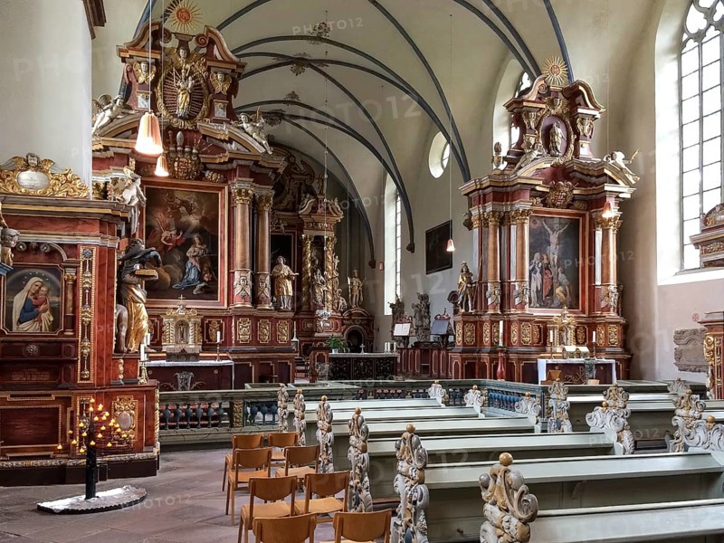View of chancel of parish church former historic abbey church of Corvey Imperial Abbey dedicated to St Stephen and St Vitus, Corvey Abbey, Höxter, North Rhine-Westphalia, Germany, Europe