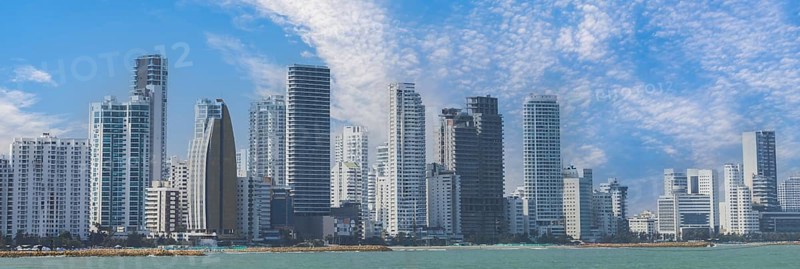 Colombia, scenic Cartagena bay Bocagrande and panorama of financial and business city skyline, South America