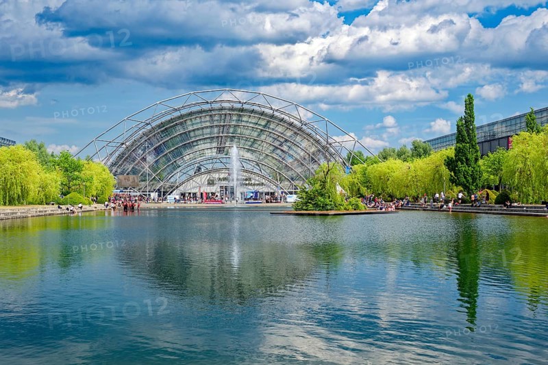 New Leipzig Trade Fair Centre, Leipzig Trade Fair, with glass entrance hall and water basin, trade fair complex, exhibition grounds, glass dome, event, trade, exhibition, Leipzig, Saxony, Germany, Europe