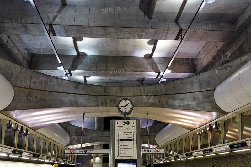 Underground station, railway station clock, modern architecture, Budapest, Hungary, Europe