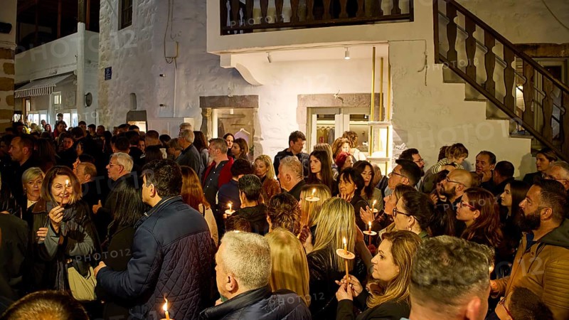 Good Friday, Church of Agios Ioannis Prodromos, Churchgoers, Large crowd with candles at a night-time celebration in front of a building, Skala, harbour, Patmos, Dodecanese, Greek Islands, Greece, Europe