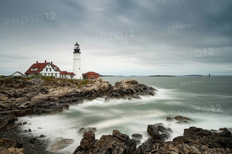 USA - 1 October 2016: Portland Headlight on the coast of Maine on a stormy and overcast day