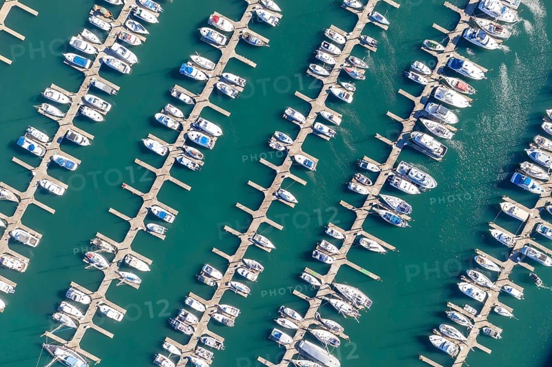 Overhead view of a marina on the Oregon coast