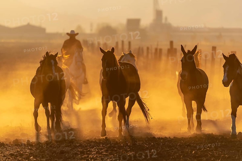 A herd of horses running through a field on a Mexican Ranch at sunrise