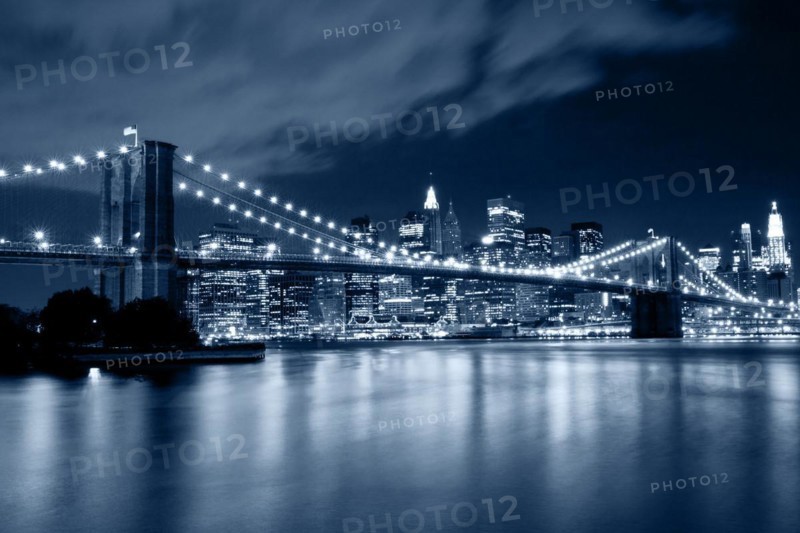 Brooklyn Bridge at night in blue cold tint