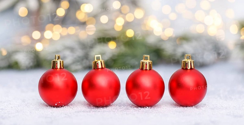 Christmas decorations red balls on the snow holiday card template banner