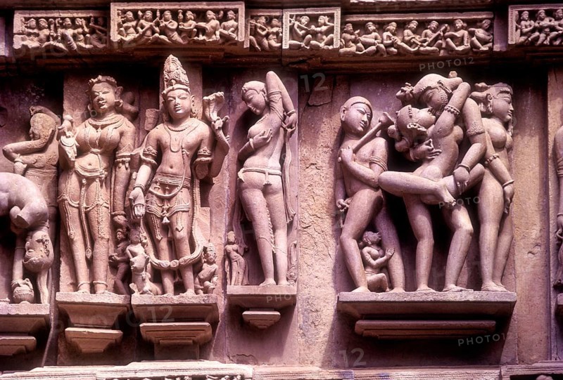 Erotic sculptures on South Facade, Lakshmana temple in Khajuraho, Madhya Pradesh, India, Asia. World heritage site, Asia