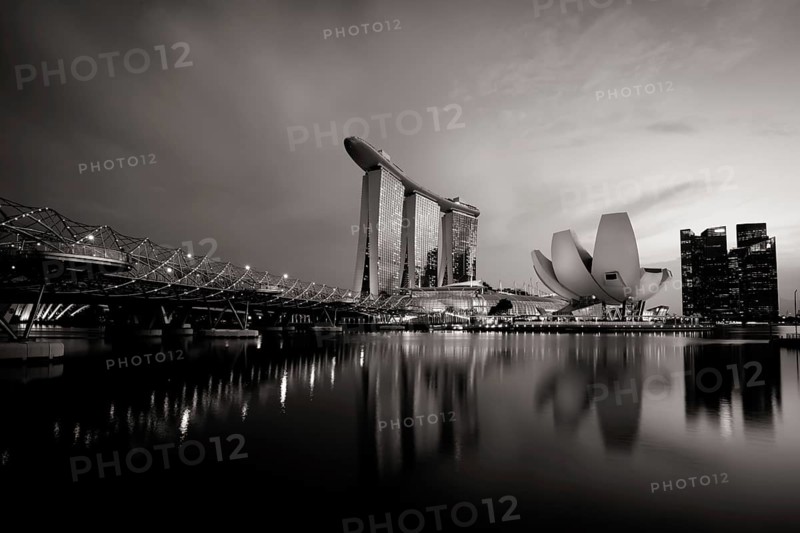 Marina Bay Sand area and Helix Bridge at dusk on a clear day on November 24th 2019