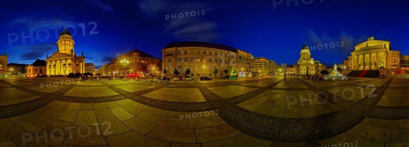 A 360 degree panorama of Berlin's Gendarmenmarkt. On the left the German Cathedral, in the middle the Berlin Brandenburg Academy of Sciences, half-right the French Cathedral and on the right the Berlin Concert Hall. The picture shows the square in a night shot
