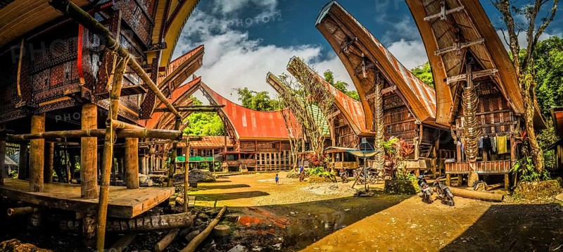 Sulawesi, Indonesia, May 2015: Photo of tongkonans, traditional ancestral houses with boat-shaped roof in village in Toraja tegion, Sulawesi in Indonesia. Documentary editorial, Asia