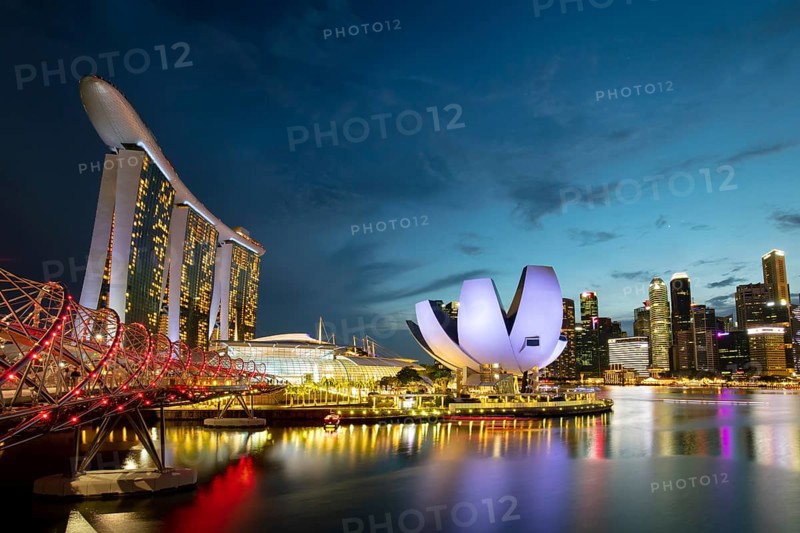 Marina Bay Sand area and Helix Bridge at dusk on a clear day on November 24th 2019