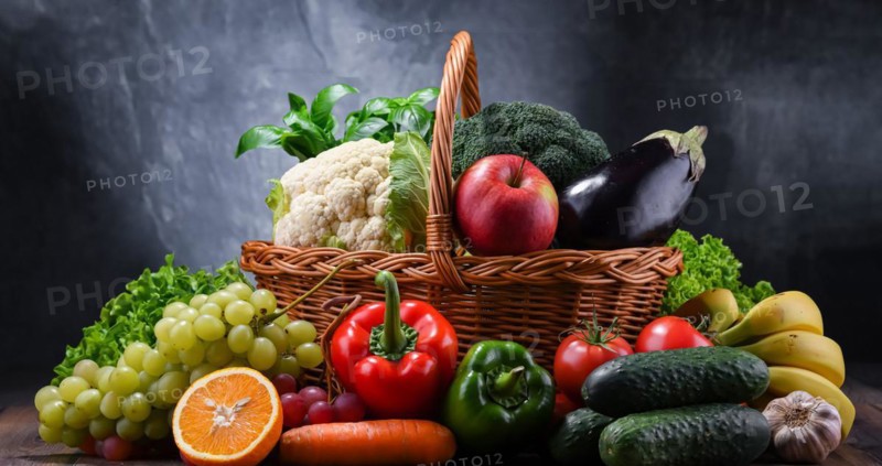 Composition with assorted organic vegetables and fruits