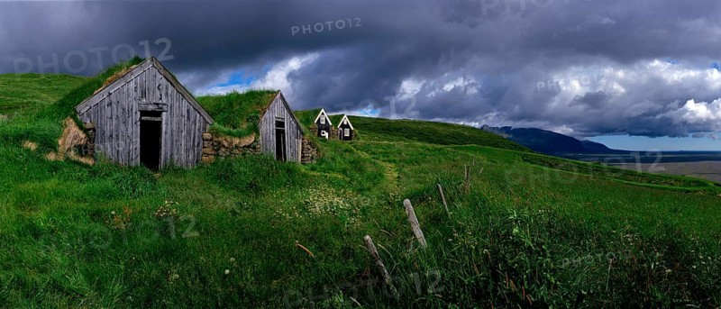Typical wooden huts with grass on the roofs, Iceland, Typical wooden huts with grass on the roofs, Iceland, Europe, Panorama, Landscape, Horizontal, Europe