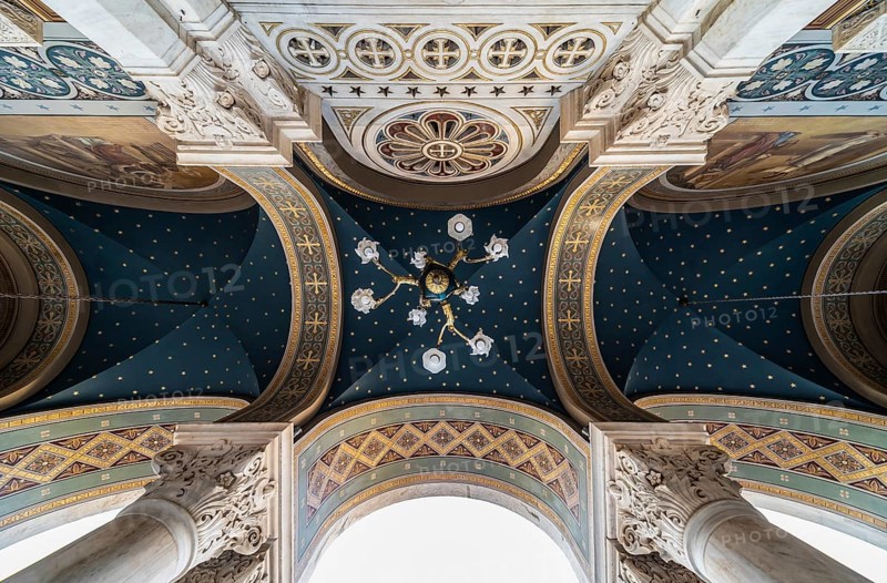 Athens Old Town, Attica, Greece, 12 28 2019 Decorated ceiling and pillars of the entrance of the Metropolitan Cathedral of Athens, Europe
