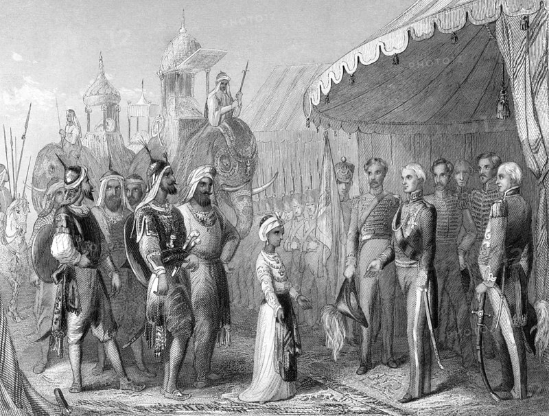 The submission of the young Maharaja Duleep Singh to Sir Henry Hardinge at the end of the 1st Sikh War on engraving from 1846. Drawn and engraved by H.K.Browne