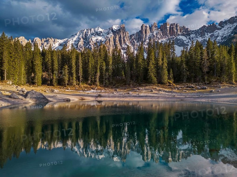 Lake landscape with mountain and forest, Lago di Carezza, Dolomites, Italy, Europe