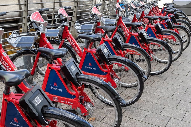 Symbolic image mobility, traffic turnaround, local transport, city bike, Deutsche Bahn rental bikes in Mönckebergstraße in front of the main railway station in the city centre of Hamburg, Germany, Europe