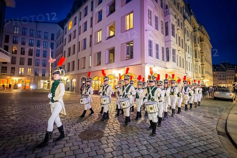 The world champion of marching bands, the Radeberger Spielmannszug, opens the Dresden Winter Festival with a parade, Dresden, Saxony, Germany, Europe