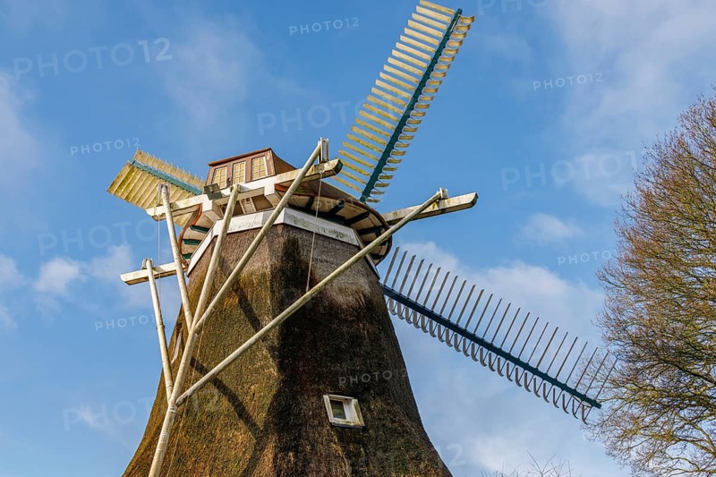 An old windmill with large wings stands under a clear blue sky, burlage, east frisia, germany