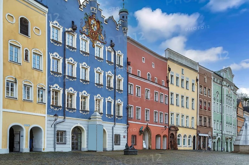 Historical houses on Town square in Burghausen, Germany, Europe