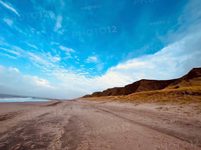 Beach walk on a deserted sandy beach under a blue sky