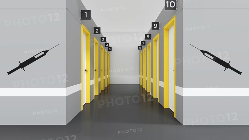 Corona virus vaccination center doors. 3D illustration