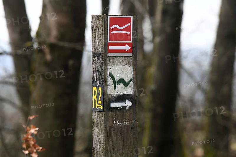 Markings for the Rothaarsteig, Westerwaldsteig and R2 hiking trails on the Fuchskaute, the highest elevation in the Westerwald. Hiking trails were rerouted there a few years ago as the summit and buildings of the former Fuchskaute Lodge excursion destination are on private land and a new owner prohibited public access