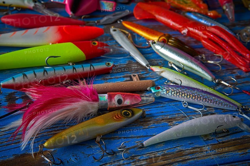 Fishing lures tackle collection for saltwater trolling and spinning angler
