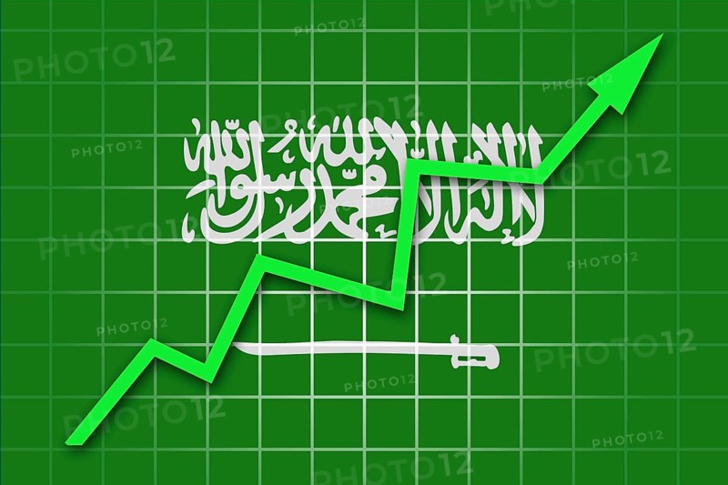 The Saudi Arabia flag and arrow graph going up