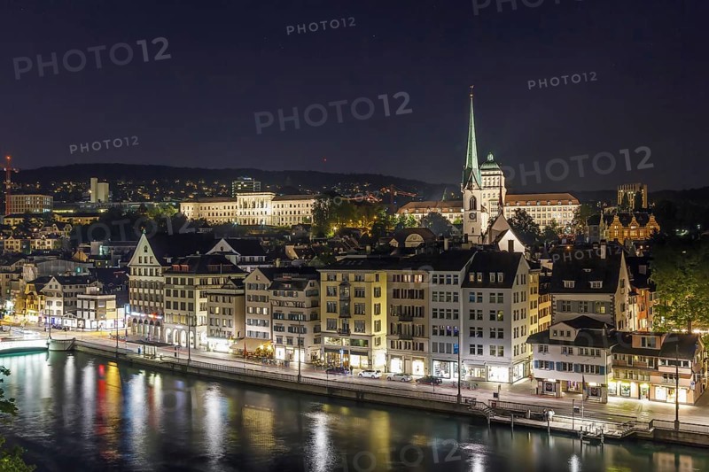 View of Zurich from the Lindenhof hill in evening, Switzerland, Europe