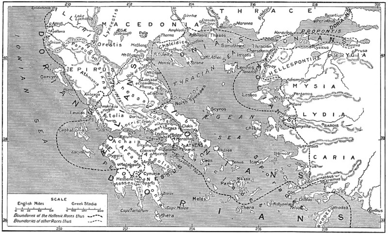Historical map with Hellenistic races in ancient Greece