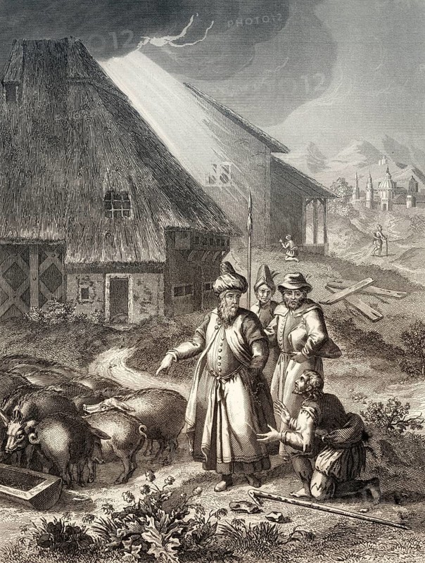 The Parable of the Prodigal Son, swineherd, New Testament, steel engraving 1853, digitally restored