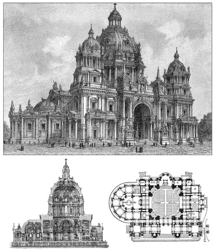 Berlin Cathedral, Germany, historical illustration, floor plan and intersection, about 1896, Europe Dom zu Berlin, Deutschland, historische Illustration, ca. 1896, Europa, Europe