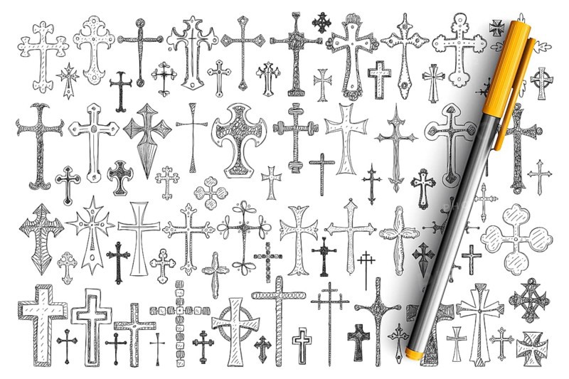 Various religious crosses doodle set. Collection of hand drawn crosses of different sizes and styles as symbol of religious faith, Christianity isolated on transparent background