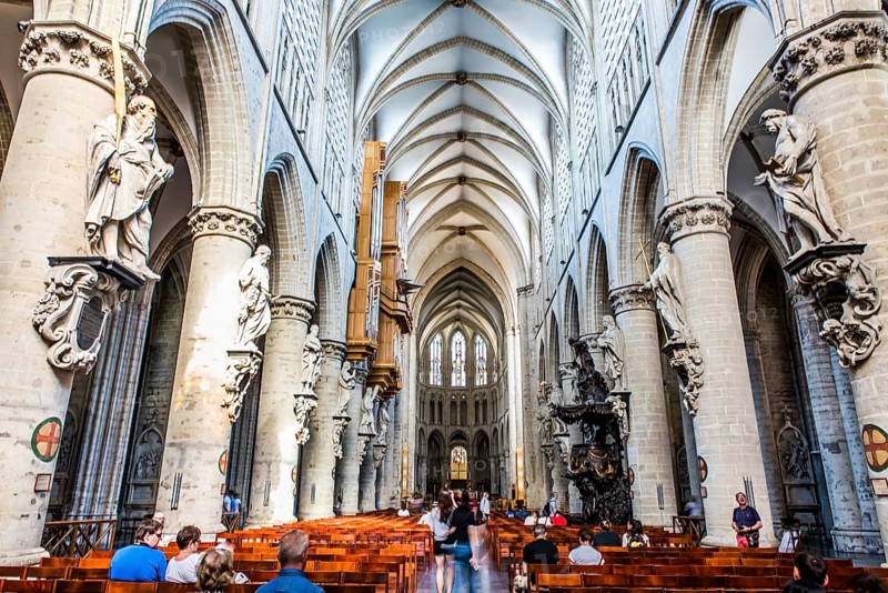Gothic interieur of the Saint Gudula cathedral, Brussels Old town, Belgium, May 2017, Europe