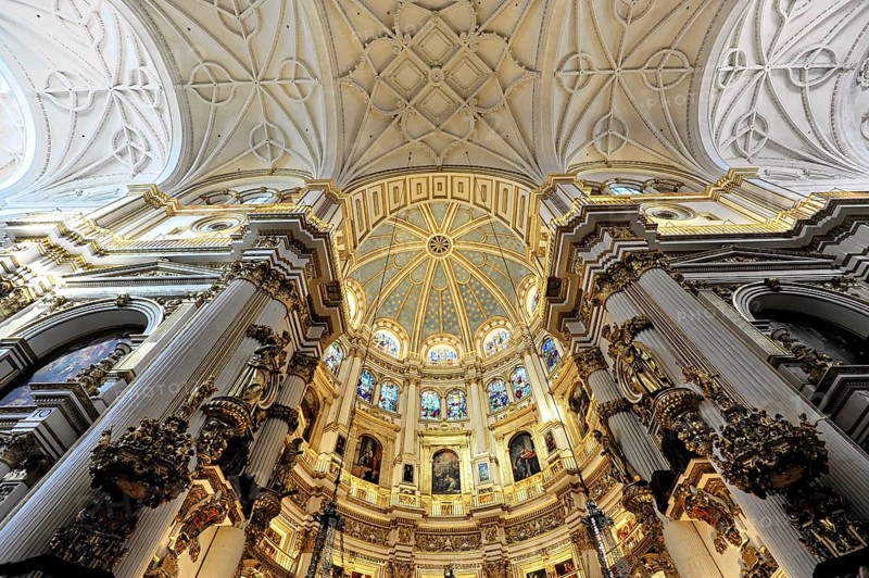 Santa Maria de la Encarnación, Cathedral of Granada, Interior view, Sublime church interior with magnificent dome and detailed baroque elements, Granada, Andalusia, Spain, Europe