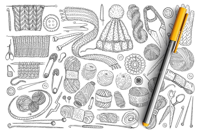 Elements for knitting doodle set. Collection of hand drawn wool, knitwear, needles, pins, measure tape and scissors for knitting isolated on transparent background. Illustration of creative hobby