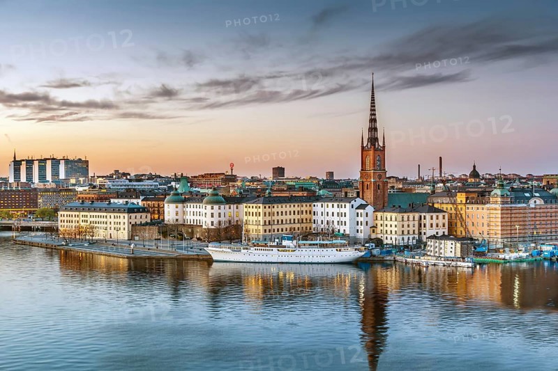 View of Riddarholmen from the Sodermalm island on sunset in Stockholm, Sweden, Europe