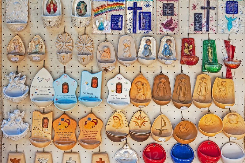 Holy water bowls, devotional objects, souvenir kitsch, Pilgrimage Church of the Assumption of the Virgin Mary, Birkenstein, Fischbachau, Upper Bavaria, Bavaria, Germany, Europe
