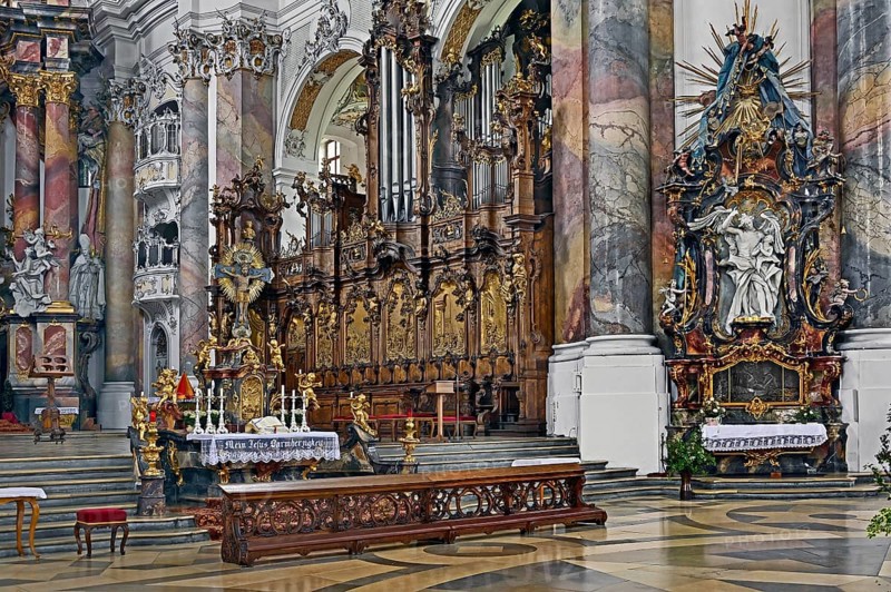 Choir stalls with side organ, Basilica of St Alexander and St Theodor, Ottobeuren Monastery, Allgäu, Swabia, Bavaria, Germany, Europe