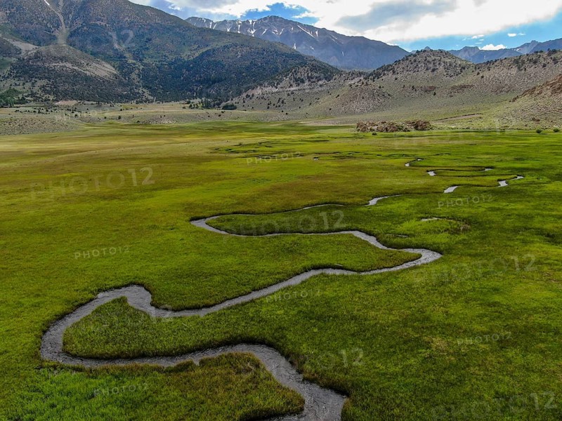 Aerial view of green land and small curve river with mountain in the background in Aspen Springs, Mono County California, USA, North America