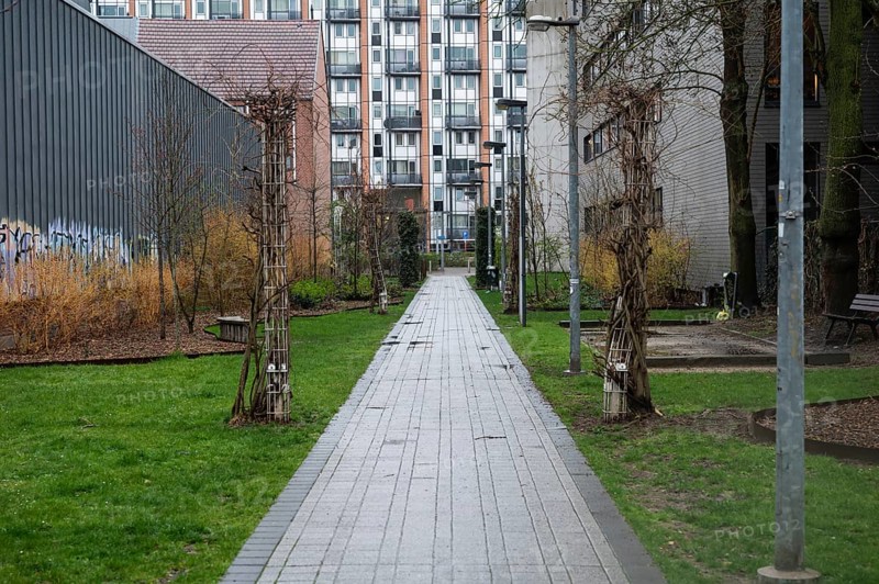 Leuven, Flemish Brabant Region, Belgium, April 1, 2023, Garden and inner court of a social housing block, Europe