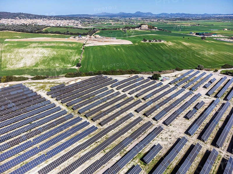 Photovoltaic plant between crop fields, Villafranca de Bonany, Majorca, Balearic Islands, Spain, Europe
