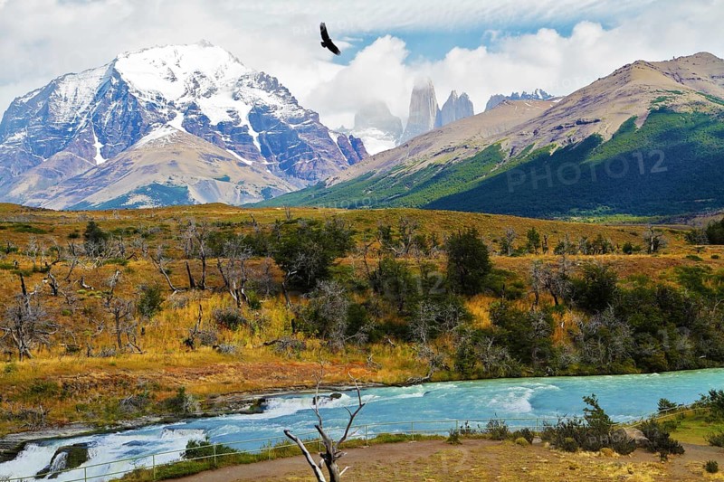 Scenic National Park in southern Chile. River and waterfall Cascades Paine