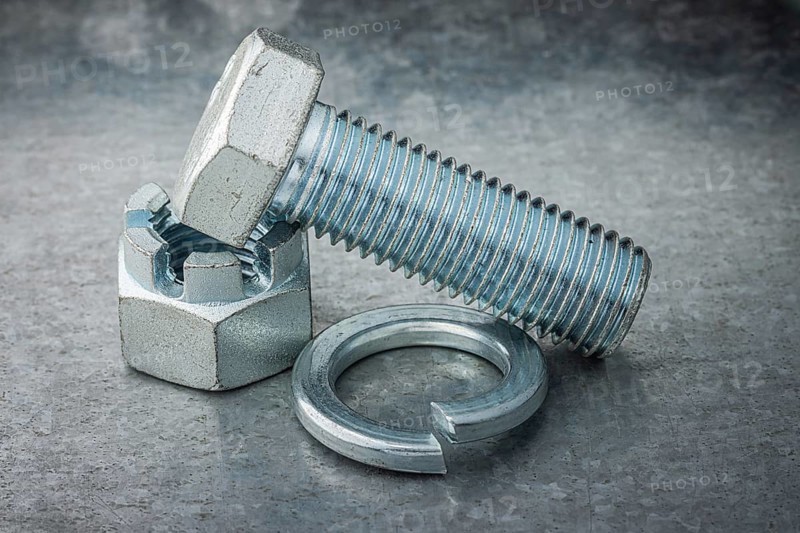 Unmounted Screw Bolt And Nut With Washer Engraver On Metal Steel Plate