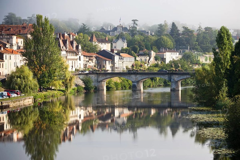 Picturesque view of Perigord town in France. Landscape with the river Vezere