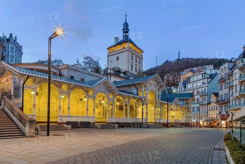Market Colonnade and castle tower in the historical center of Karlovy Vary, Czech republic