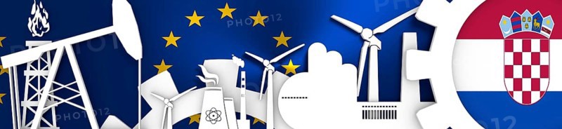 Energy and Power icons set. Header banner with Croatia flag. Sustainable energy generation and heavy industry. European Union flag backdrop. 3D rendering