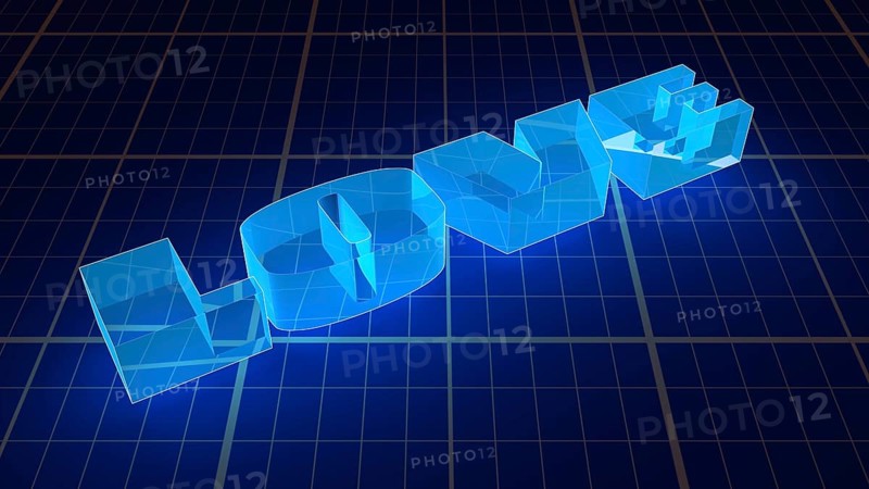 Transparent neon shine love word on blue print backdrop. Background relative to valentines day