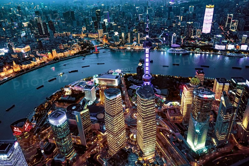 Pearl Tower, Bund, Waitan, Huangpu River, seen from Shanghai Tower, sunset, Shanghai, People's Republic of China